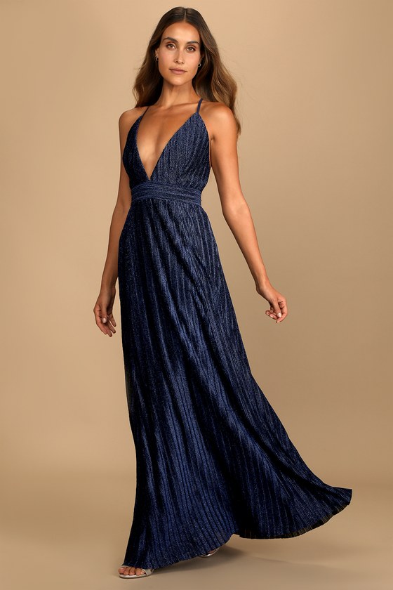 Magical Looks Navy Blue sparkly Pleated Maxi Dress